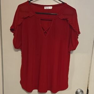 89th + Madison Red Short Sleeve Top with Ruffle Accents and Keyhole Front